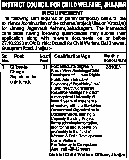 Jhajjar Anganwadi Recruitment Form All City Job