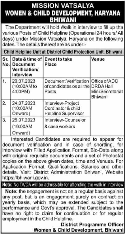 Bhiwani Anganwadi Recruitment Form 2023