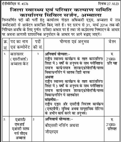 Haryana AIDS Control Society Recruitment Form 2023 Ambala