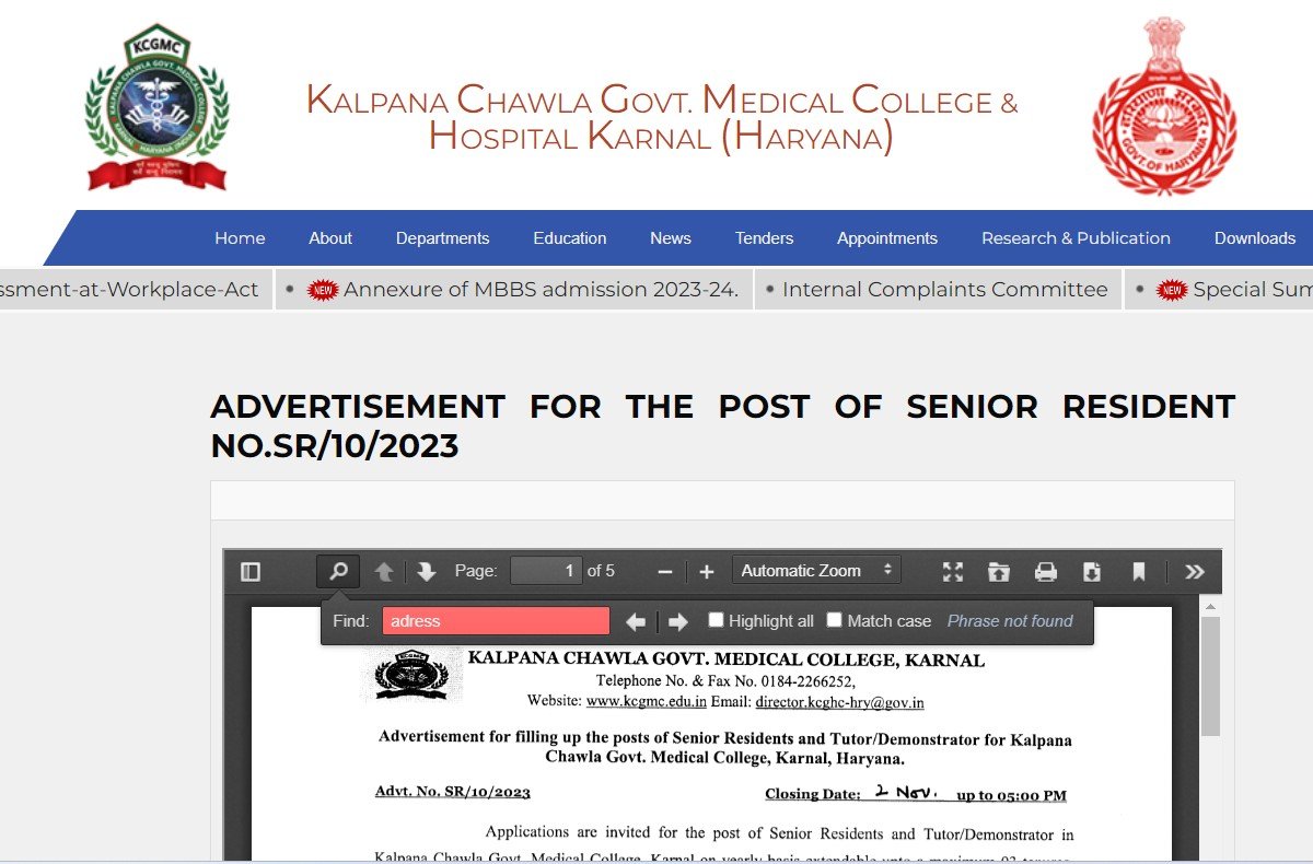KCGMC Senior Resident Recruitment 2023