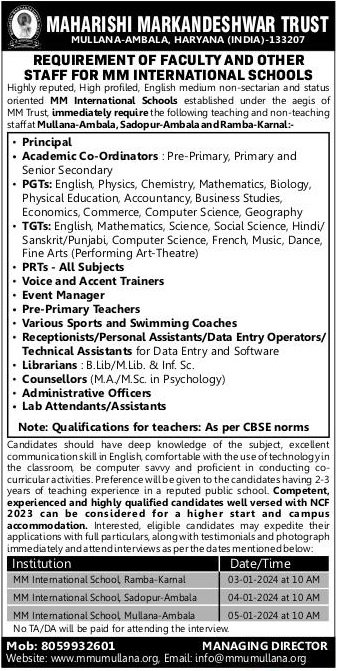 Maharishi Markandeshwar Trust Recruitment 2023-24