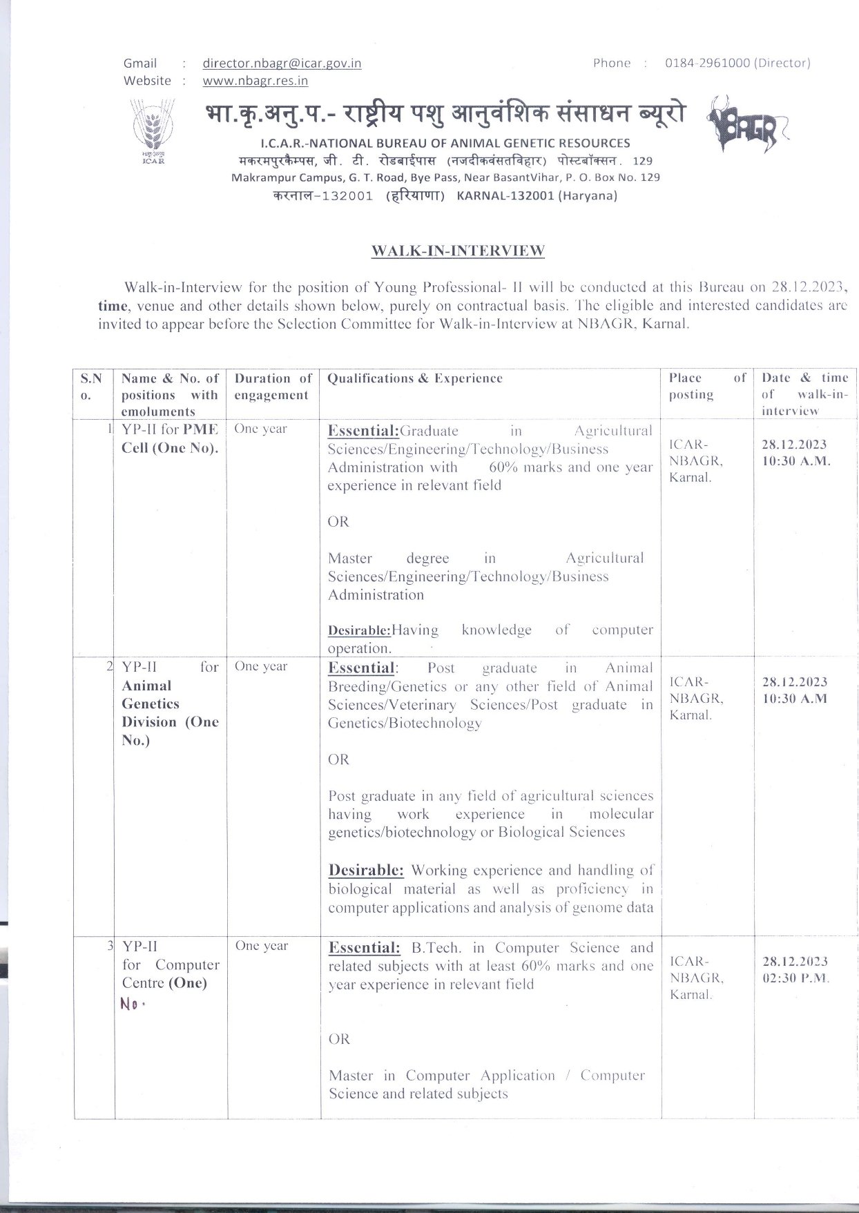 ICAR-National Bureau of Animal Genetic Resources Karnal Recruitment 2023