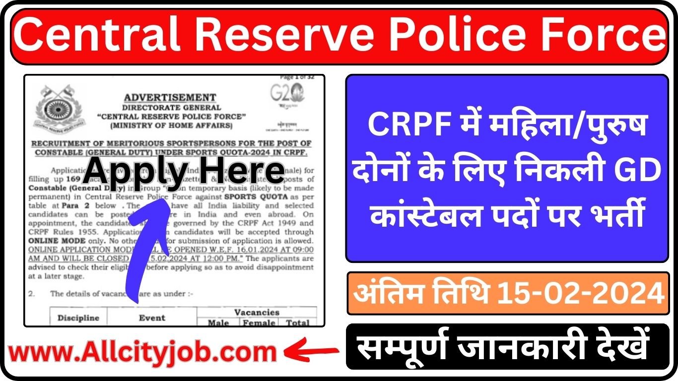 CRPF GD Constable Sports Quota Recruitment Form 2024