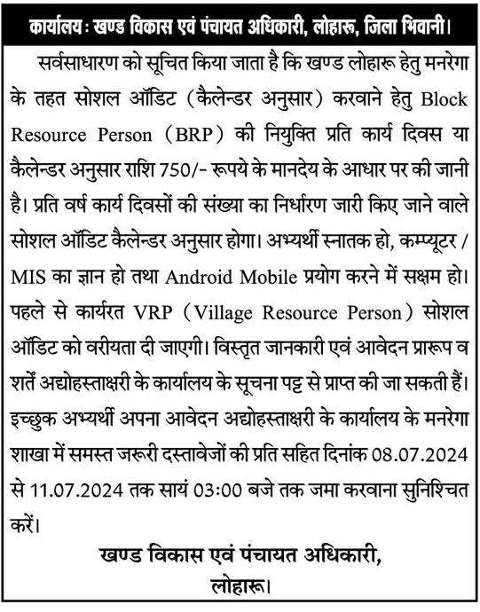 Haryana MNREGA Block Resource Person Recruitment 2024d