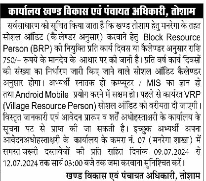 Haryana MNREGA Block Resource Person Tosham Recruitment 2024a