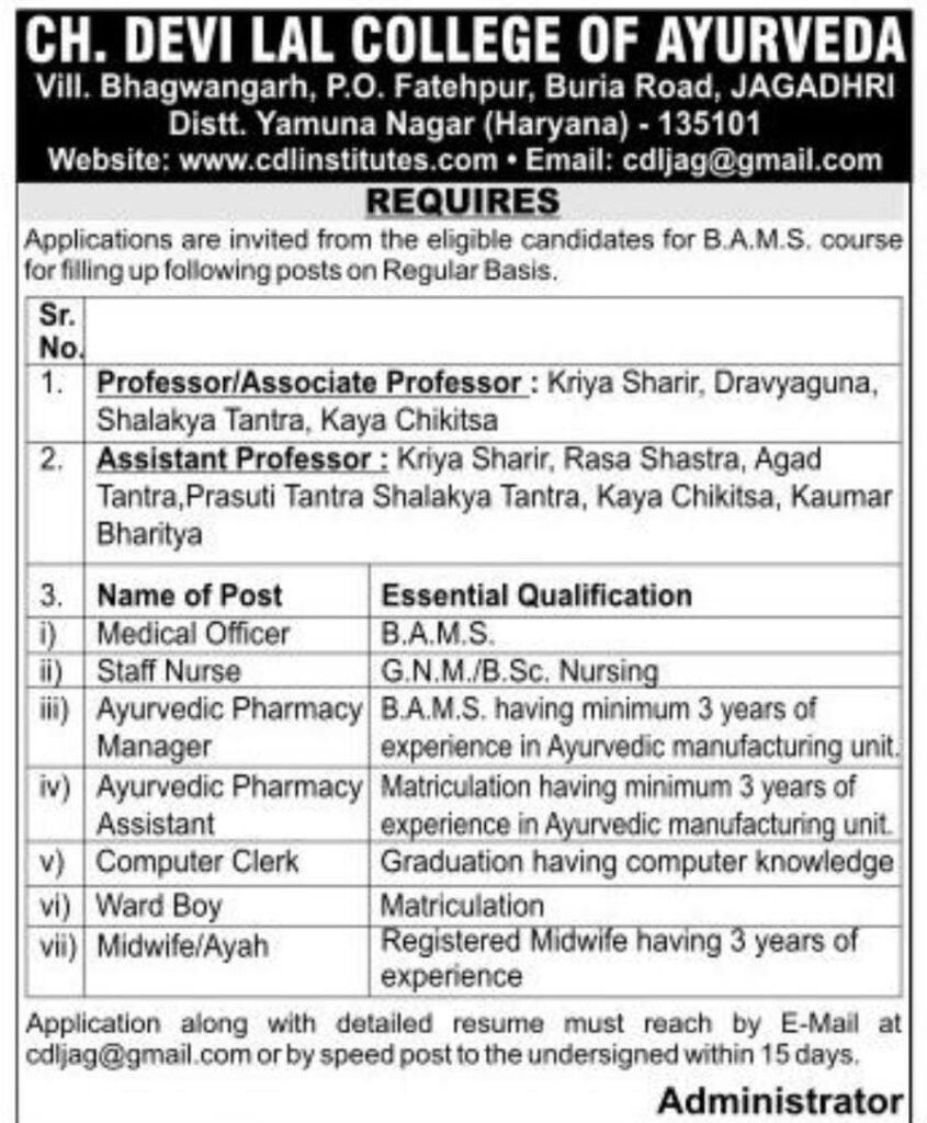 Devi Lal College of Ayurveda Recruitment Notification 2024