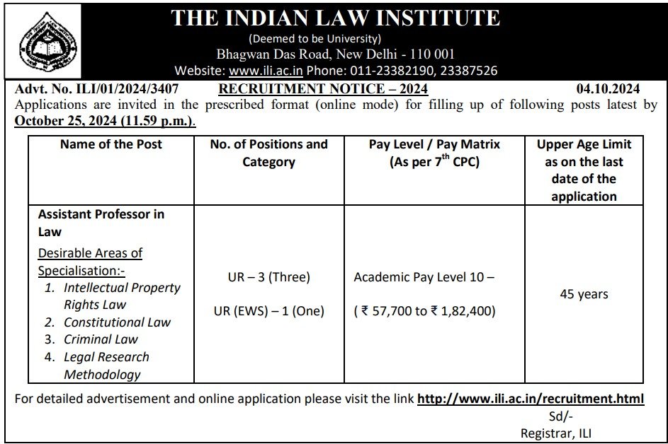 Indian Law Institute (Deemed University) Recruitment Notification 2024