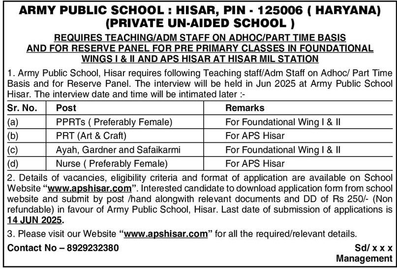 Army Public School Hisar Recruitment 2025