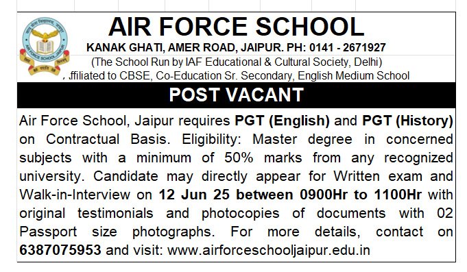 Air Force School Jaipur Recruitment 2025